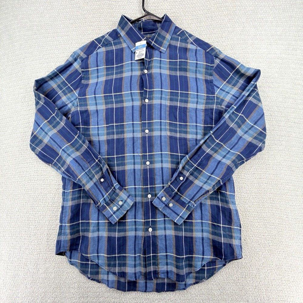 NWT J.McLaughlin Gramercy Linen Shirt Men Small Blue Plaid Button Up Long Sleeve